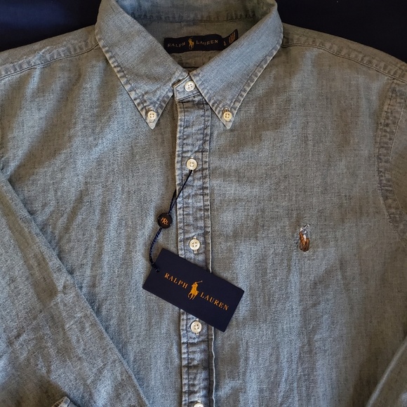 Chambray Polo RL Long Sleeve Button Shirt Large - Picture 2 of 6